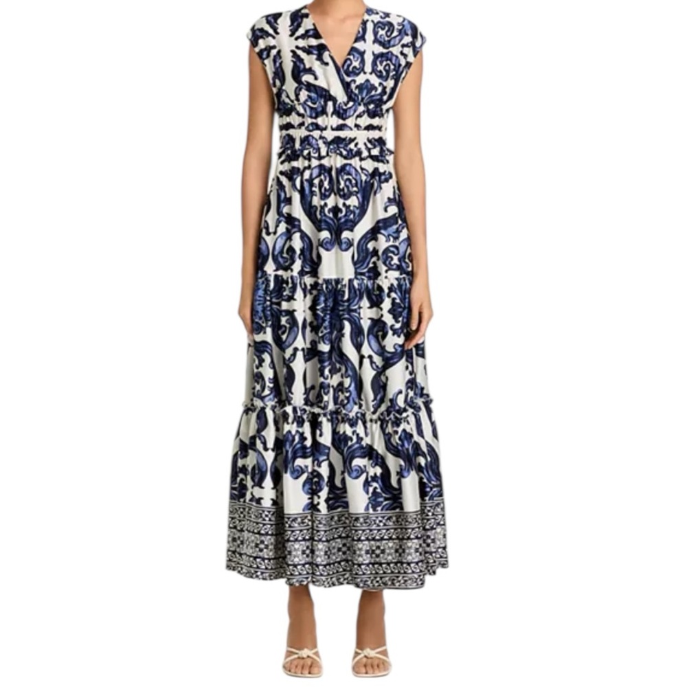 Gracia NWT Women’s Size L Navy Blue White Floral Printed V‑Neck Maxi Dress. - Picture 3 of 11